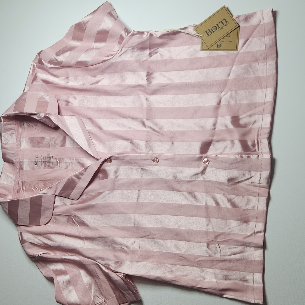 Born Pink Satin Stripe Pajama Set Short Sleeve Button Top Shorts Women’s Large - Picture 2 of 9
